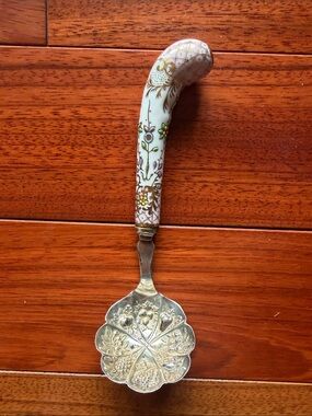 Sheffield England Embossed Berry Serving Spoon Hand Painted Porcelain Handle